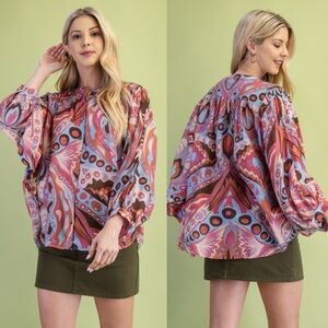 Pink navy Rust floral abstract mixed media bubble sleeve button down blouse top